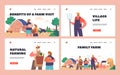 Family Farm Landing Page Template Set. Farmers Work On Land, Raising Crops And Livestock, Cartoon Vector Illustration