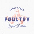 Family Farm Organic Fresh Poultry Abstract Vector Sign, Symbol or Logo Template. Hand Drawn Engraving Chicken and Goose