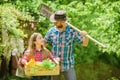 Family farm. summer farm. spring village country. ecology. Gardening tools. little girl and happy man dad. earth day Royalty Free Stock Photo