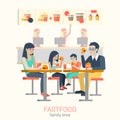 Family in fastfood cafe eating burger fries: flat vector food Royalty Free Stock Photo