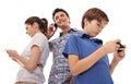 Family, father and children with phone on a white background for internet, social media or chat. Technology, networking