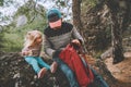 Family father and daughter child in forest travel with backpack camping picnic outdoor Royalty Free Stock Photo