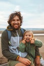 Family father with daughter outdoor dad walking with child grimace face