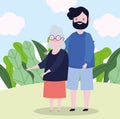 Family father hugging at grandmother together cartoon character