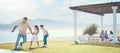 Family, father and playing football at beach on vacation, having fun and bonding. Soccer, sports and happy dad play with Royalty Free Stock Photo