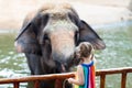 Kids feed elephant in zoo. Family at animal park. Royalty Free Stock Photo