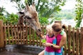 Kids feed giraffe at zoo. Family at safari park Royalty Free Stock Photo