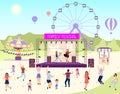 Family festival activities flat vector illustration. Open air live performance. Rock, pop musician concert in park, camp.Children