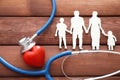 Family figure, red heart and stethoscope on wooden background. Health care concept Royalty Free Stock Photo