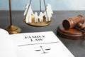 Family figure, scales of justice, gavel and book