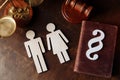 Family figures, paragraph sign and law book. Divorce and separation concept Royalty Free Stock Photo