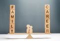 Family figures stand on scales between career and family. Conceptual balance in life, increasing attention to family and children