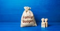 Family figurines and family budget money bag. Security, purchasing power. Financial literacy. Financial support for social