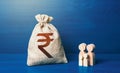Family Figurines And Indian Rupee Money Bag. Family Budget. Income, Expenses. Favorable Conditions For Population Growth.