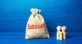 Family figurines and subsidies money bag. Financial support in paying bills. Providing tax breaks, low-interest soft loans