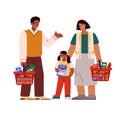 Family fills baskets with expensive groceries, flat vector illustration isolated.