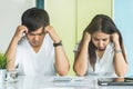 Family financial crisis. Stressed young couple looking at issues notification from bank about late payment home loan credit Royalty Free Stock Photo