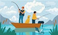 Family fishing. Father and son catching fish with rods from boat on lake. Summer hobby and outdoor leisure activity. Scenic view Royalty Free Stock Photo