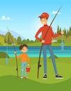 Family fishing. son and father outdoor fishing and spend time together. Vector cartoon background