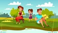 Family fishing vector cartoon illustration