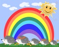 Lovely cartoon hedgehog near a seven-colored rainbow and a ladybird on a spring, summer Royalty Free Stock Photo