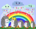 A family of five cute cartoon hedgehogs near a seven-colored rainbow under a rain of rain on a spring, summer