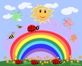 A family of five ladybirds creeps along a seven-color rainbow under the sun on a spring, summer day Royalty Free Stock Photo