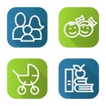 Family flat linear long shadow icons set. Baby carriage, children, apple and books. Vector line illustration. Royalty Free Stock Photo