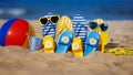 Family flip-flops, beach ball and snorkel on the sand. Summer vacation concept Royalty Free Stock Photo