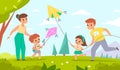 Family fly kites. Happy mother and father with children launch wind toys into sky. People walking in park. Parents and Royalty Free Stock Photo