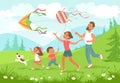 Family fly kites. Outdoor joint activity. Happy children and parents playing with air toys. Mom and dad walking together Royalty Free Stock Photo