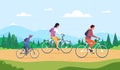 Family forest cycling. Spring ride on bicycle green countryside, happy child biker cycle hiking healthy activity leisure