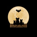 A family of four mice looks at a bat against the background of the moon