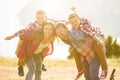 Family of four people riding bikes in the mountains Royalty Free Stock Photo