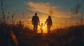 A family of four is walking through a field at sunset Royalty Free Stock Photo