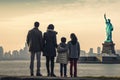 Family of four watching Statue of Liberty in New York City, USA, A family of immigrants looking at the Statue of Liberty, AI Royalty Free Stock Photo