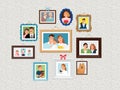 Family frames set. People portrait pictures, faces photoportraits on wall with kids and dog, wife and grandparents