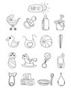 A family-friendly hotel of icons and elements. Set infant items, accessories and toys hand drawn elements, doodles isolated on whi