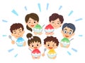 Family-friendly summer. The grandparents, parents, sons and daughters all smile and eat shaved ice