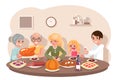 Family friends eat meal pie turkey pumpkin thanksgiving celebration flat design vector illustration