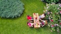 Family and friends eating together outdoors on summer garden party. Aerial view of table with food and drinks from above Royalty Free Stock Photo