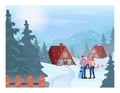 Family in front of skiing resort. Wooden cottage houses, chalet in winter Royalty Free Stock Photo