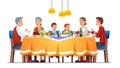 Family at full laid table celebrating thanksgiving