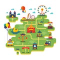 Family fun amusement park vector map. Entertainment in vacation vector background