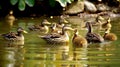 family of funny ducks, mother duck with ducklings, illustration