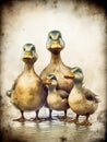 family of funny ducks, mother duck with ducklings, illustration