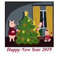 A family of funny piglets decorate a Christmas tree