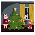 A family of funny piglets decorate a Christmas tree