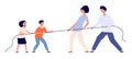 Family game. Child parents pull rope, tug of war play adults children. Relationship balance or generational competition