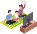 Family game concept, parents with kid play video game with tv screen holding gamepad controller